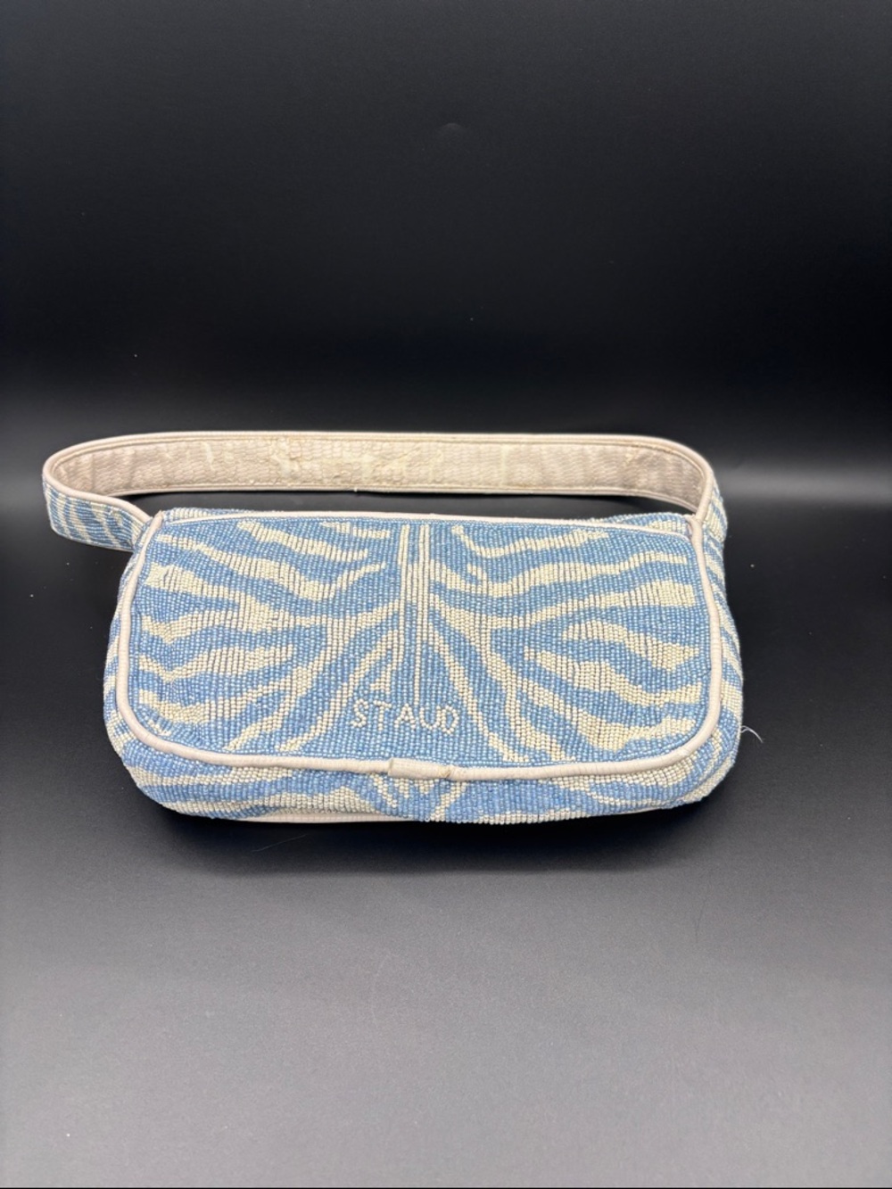 STAUD Tommy Beaded Shoulder Bag - Blue & White - Interior Strap is Peeling Some - Picture 6 of 13